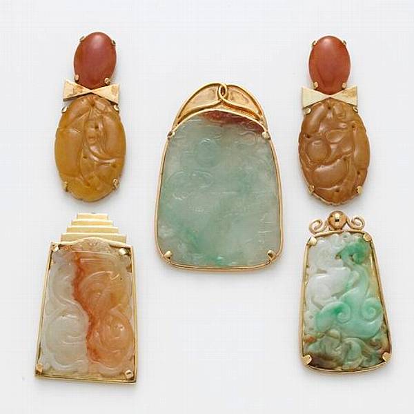 Appraisal: A collection of multi-colored jade and k gold jewelry comprising