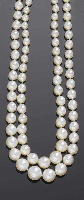 Appraisal: LOT OF TWO PEARL AND DIAMOND SAUTOIRS ca White gold