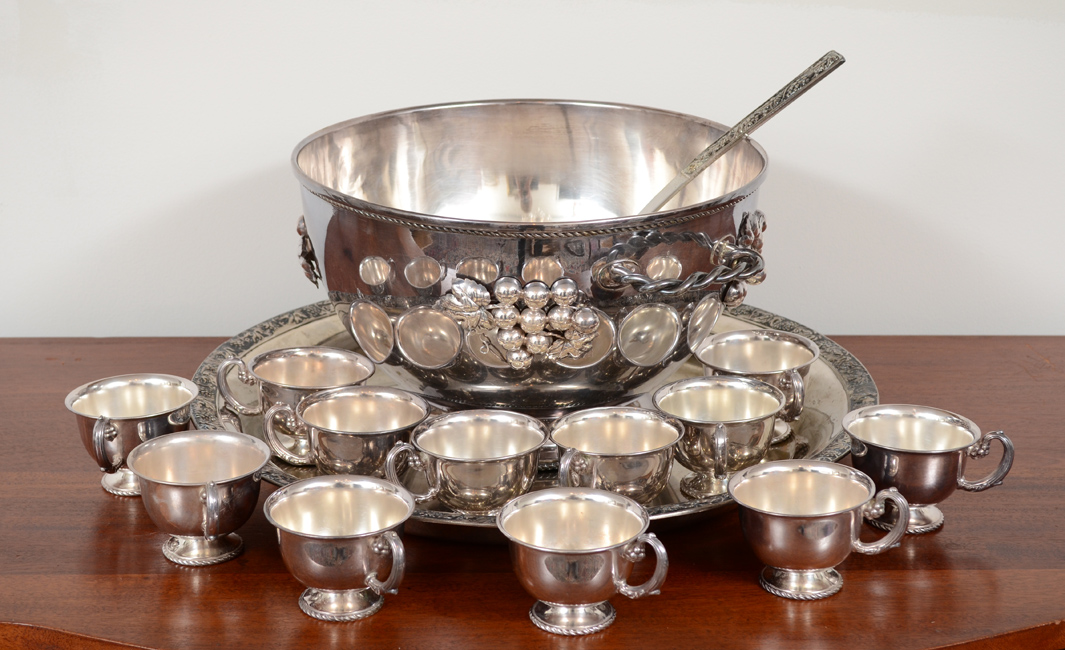 Appraisal: SILVERPLATE PUNCH BOWL CUPS AND TRAY pieces total to include