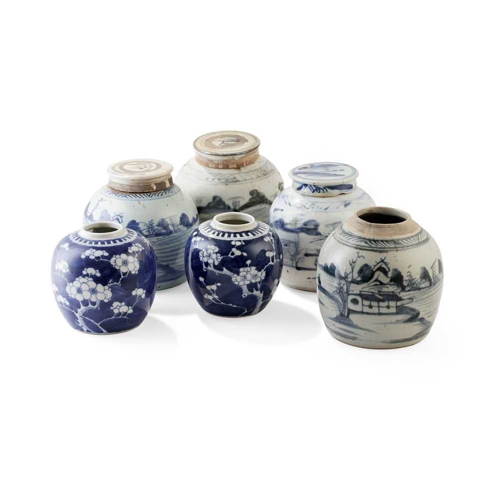 Appraisal: GROUP OF SIX BLUE AND WHITE GINGER JARS QING DYNASTY