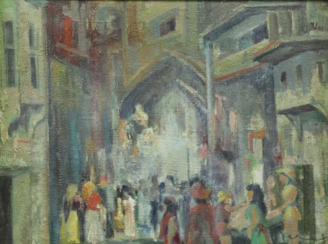 Appraisal: Illegibly Signed Oil on Canvas European StreetScene From a Mt