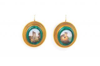 Appraisal: A Victorian Pair of Micromosaic Gold and Malachite Earrings Depicting