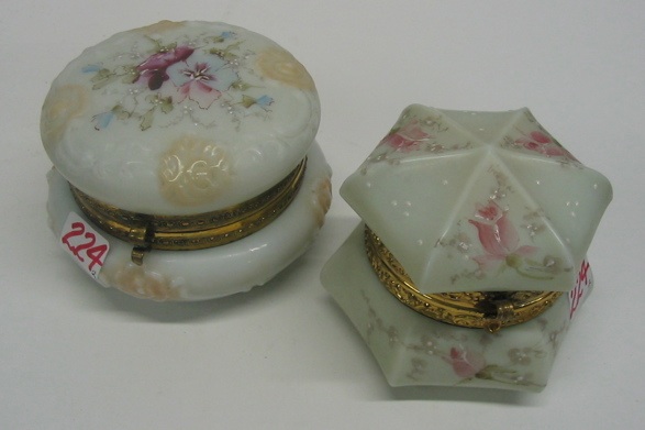 Appraisal: TWO WAVECREST DECORATED OPAQUE GLASS DRESSER BOXES marked Wave Crest