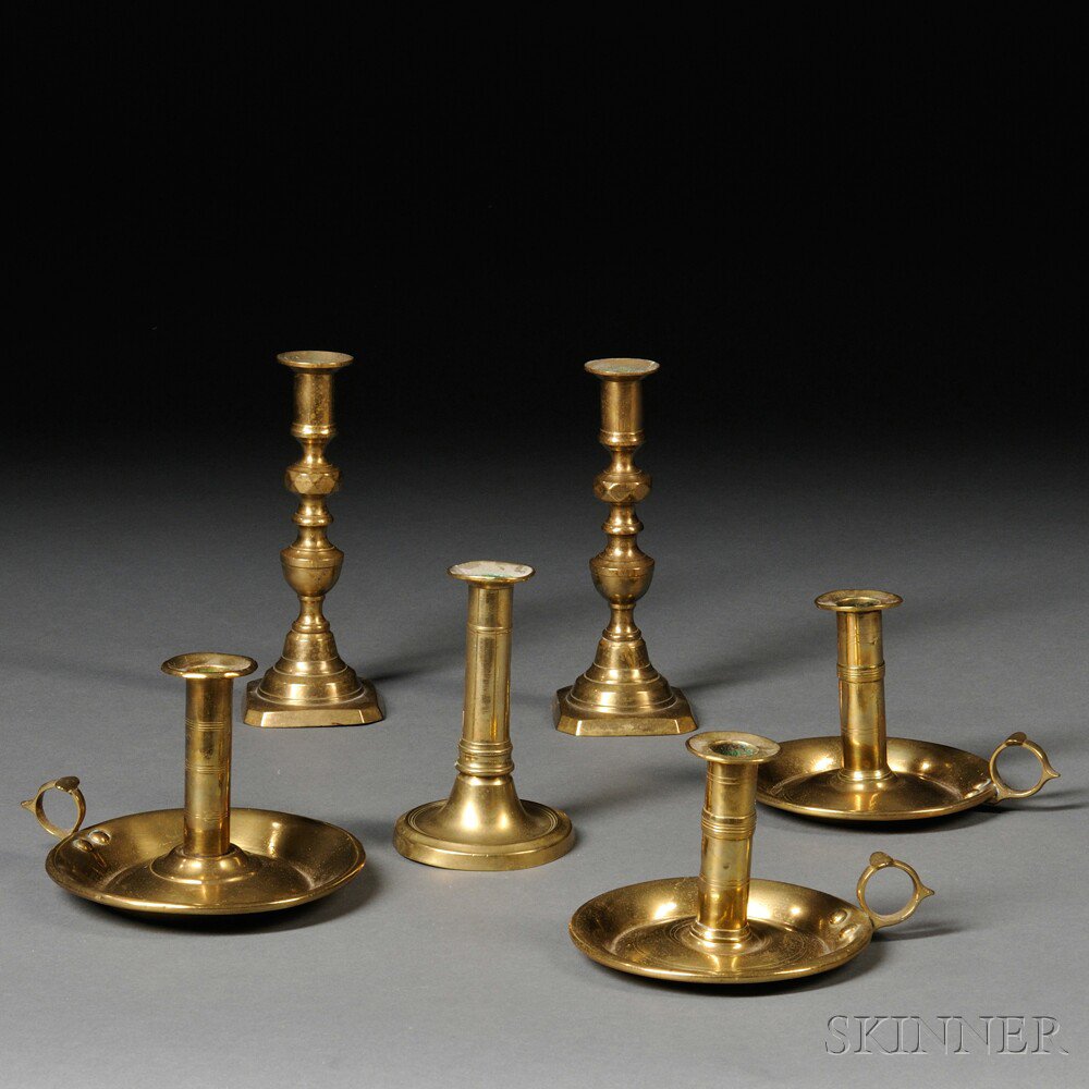 Appraisal: Six Brass Candlesticks th century three dish-base push-up chambersticks a