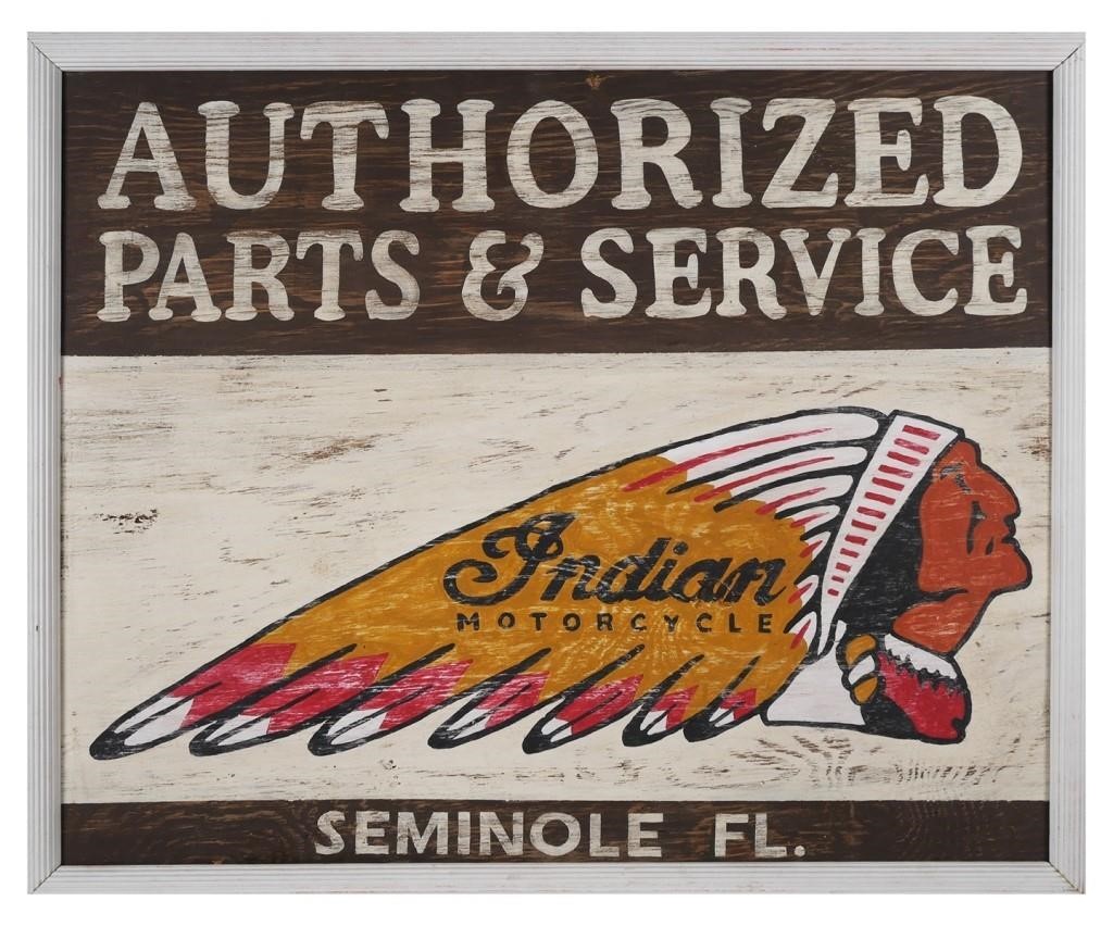 Appraisal: Stencil painted plywood Authorized Parts Service sign with the Indian