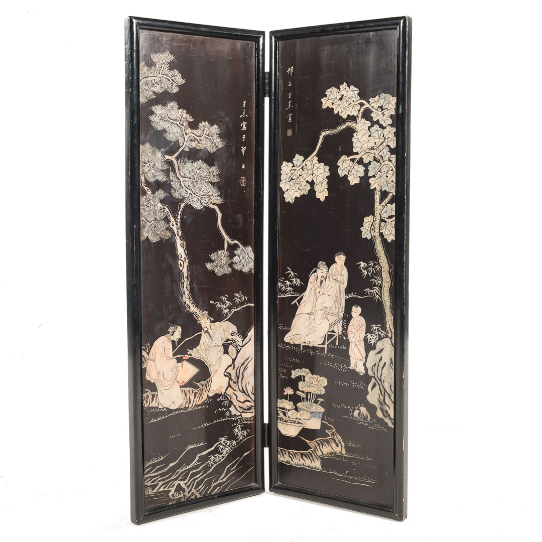 Appraisal: Japanese coromandel two-panel folding screen th century depicting scholars and