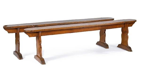 Appraisal: A pair of English fruitwood benches The rectangular seat with