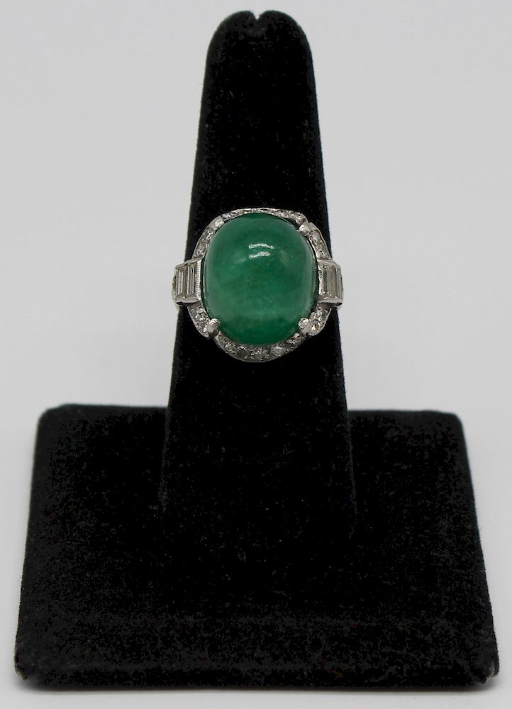 Appraisal: JEWELRY Platinum Diamond and Emerald Cabochon Ring Art Deco platinum