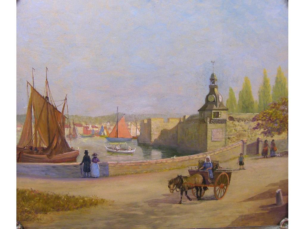 Appraisal: Continental School - horse and cart riding through a harbour