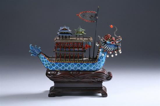 Appraisal: CHINESE ENAMELLED EMBELLISHED VERMEIL MODEL OF A BOAT circa -