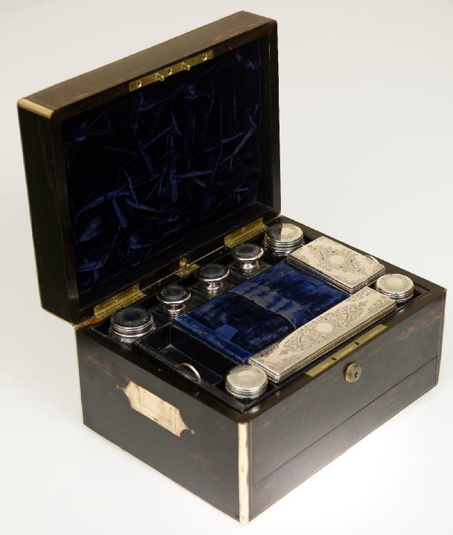 Appraisal: VICTORIAN BRASS-BOUND COROMANDEL LADY'S TRAVELLING CASE fitted with nine silver-mounted