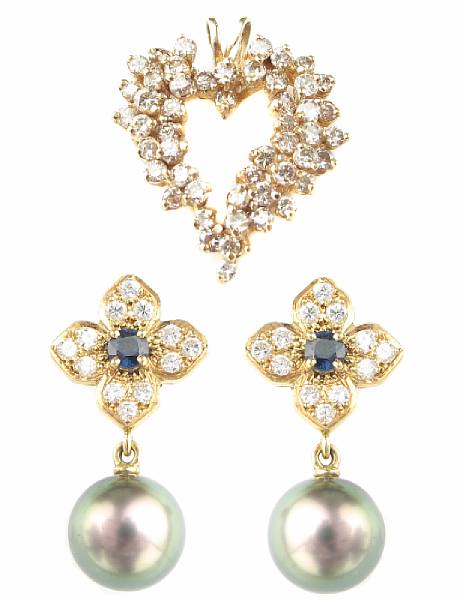 Appraisal: A collection of diamond cultured pearl and gold jewelery featuring