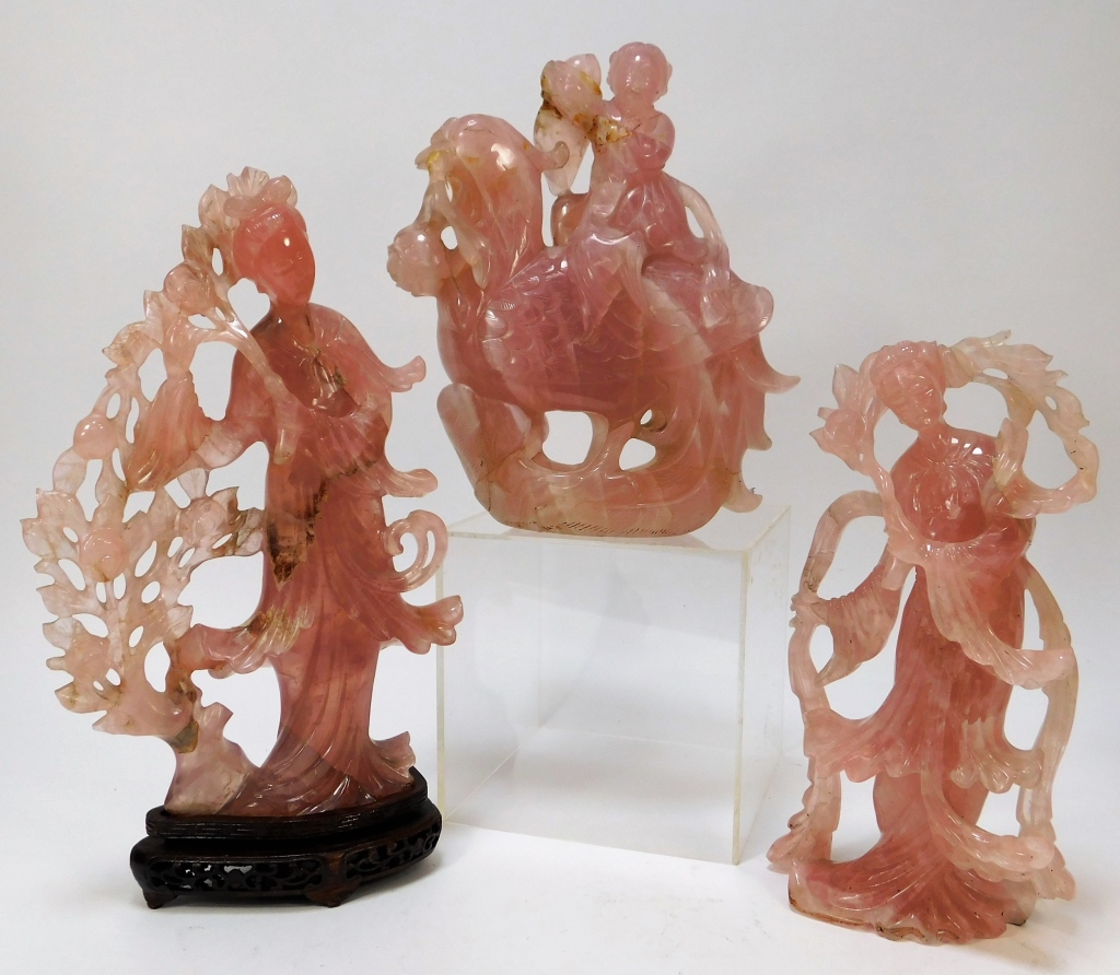 Appraisal: PC CHINESE ROSE QUARTZ FIGURAL CARVED STATUES China th CenturyIncludes