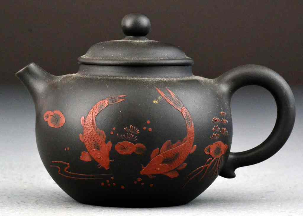 Appraisal: Chinese Qing Yixing Pottery Tea PotFinely painted on one side