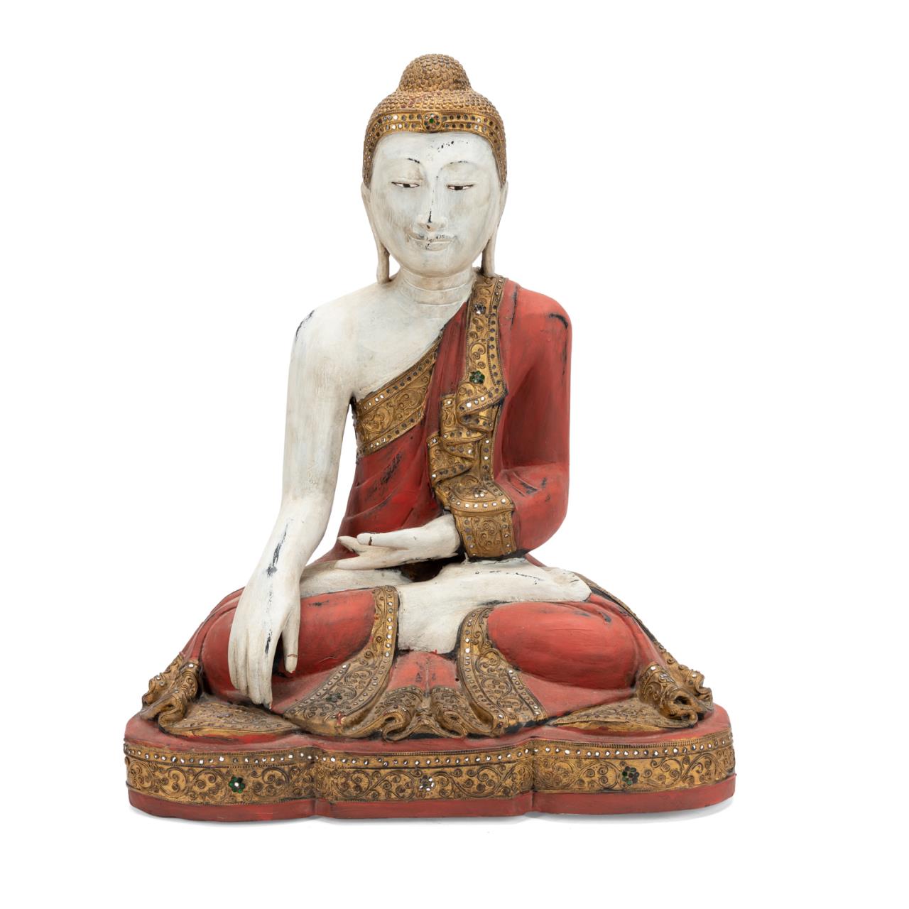 Appraisal: CHINESE RED WHITE PAINTED SEATED BUDDHA Chinese carved wood and