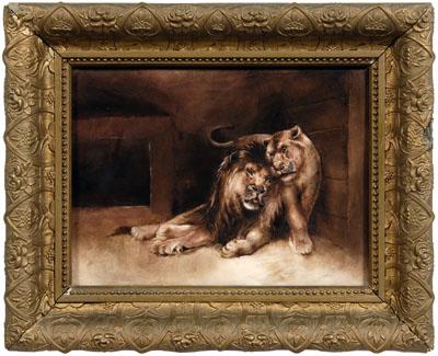 Appraisal: Hand painted porcelain plaque lion and lioness in an enclosure