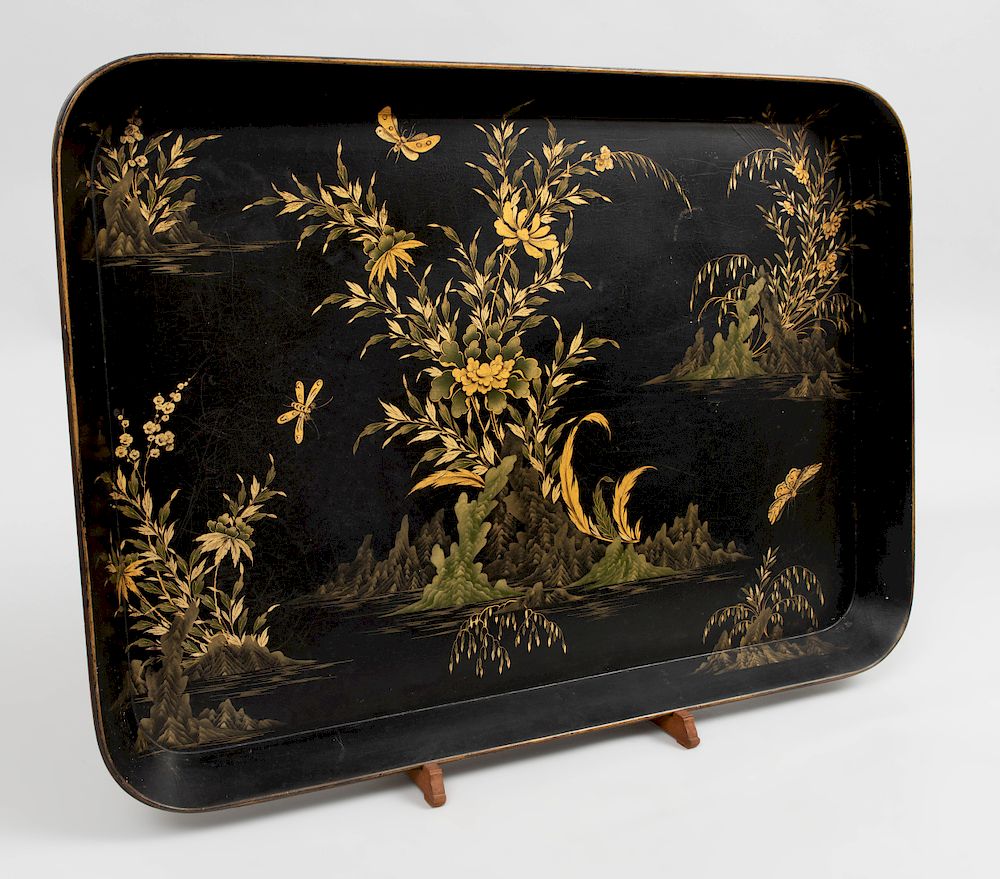 Appraisal: Victorian Black Lacquer and Parcel-Gilt Tray in the Manner of