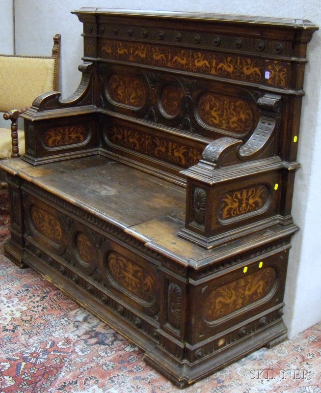 Appraisal: Italian Renaissance-style Marquetry Decorated Carved Walnut Hall Bench with Lift