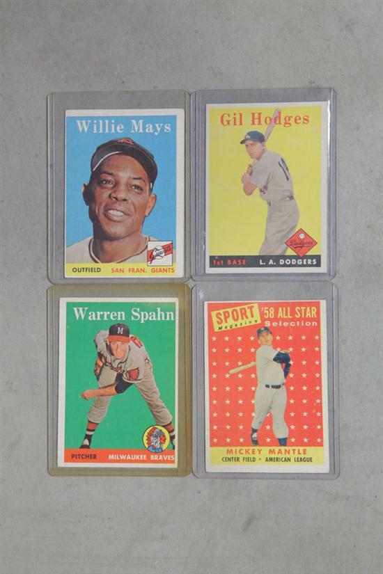 Appraisal: FOUR TOPPS BASEBALL CARDS Willie Mays Warren Spahn Mickey Mantle