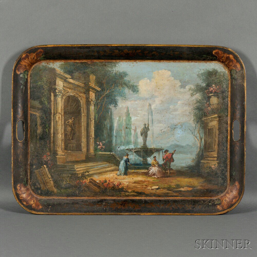 Appraisal: Hand-painted Tole Tray Continental early th century depicting figures gathered