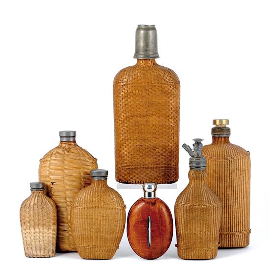 Appraisal: Collection of flasks leather-bound ovoid form H and six wicker-bound