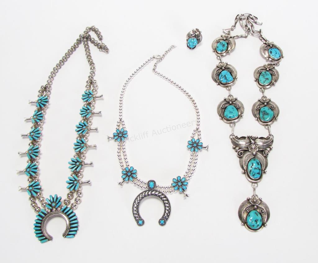 Appraisal: Three Native American style sterling silver and turquoise necklaces including