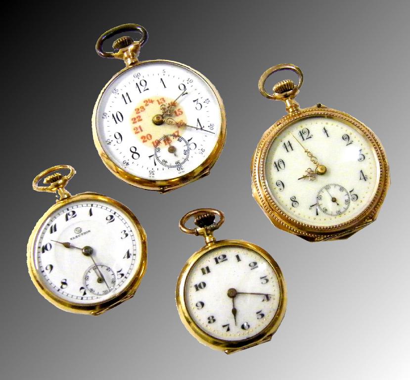 Appraisal: Four various ct gold cylinder fob watches