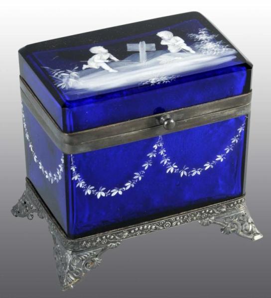 Appraisal: Art Glass Casket Box Description Cobalt blue with painted children