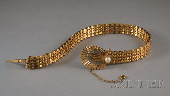 Appraisal: kt Gold Pearl and Synthetic Diamond Adjustable Bracelet lg to