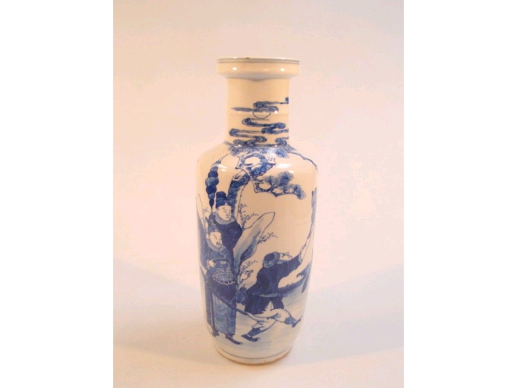 Appraisal: A thC Chinese blue and white rolleau shape vase hand-painted