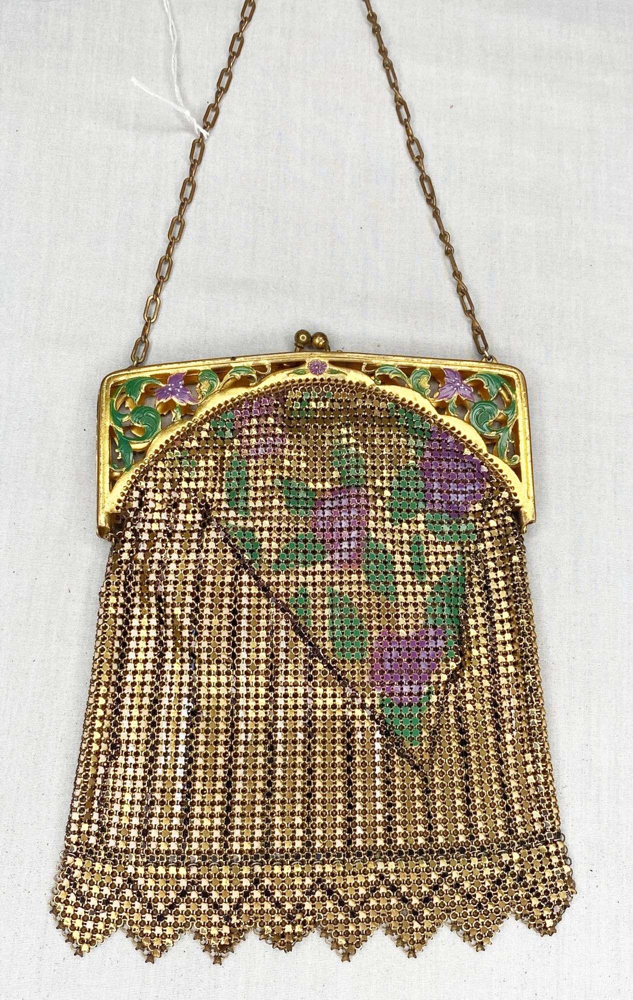 Appraisal: Art Deco Gold Tone Enameled Mesh Hand Bag long by