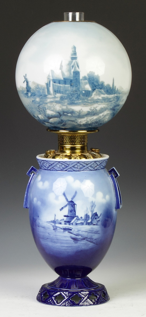 Appraisal: German Porcelain Banquet Lamp C W windmills harbor scene