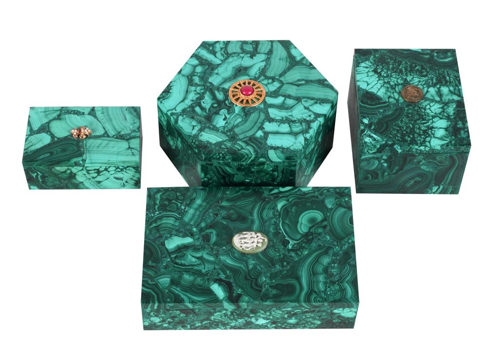 Appraisal: FOUR MALACHITE COVERED BOXESone with hinged lid each with applied