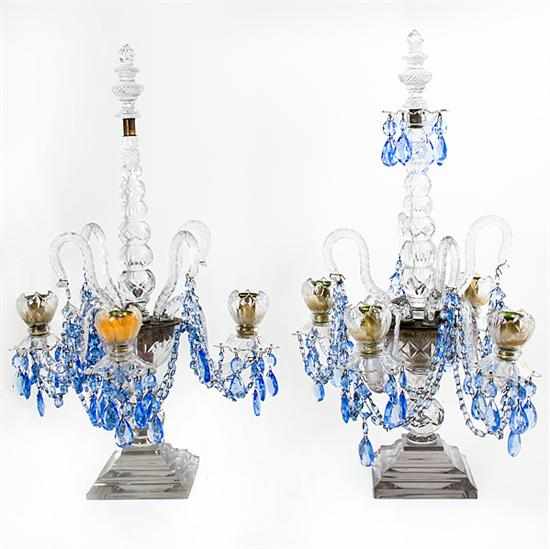 Appraisal: Pair Czechoslovakian crystal candelabra early th century shaped center stem