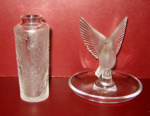 Appraisal: LALIQUE FRANCE Two pieces clear to frosted glass SYLPHIDE flacon