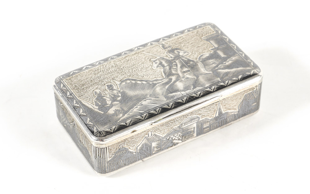 Appraisal: RUSSIAN SILVER NIELLO ENGRAVED SNUFF BOX Niello engraved decorated box