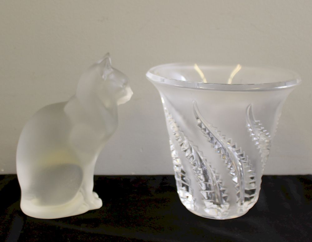 Appraisal: LALIQUE France Signed Lot of a Cat and a Vase