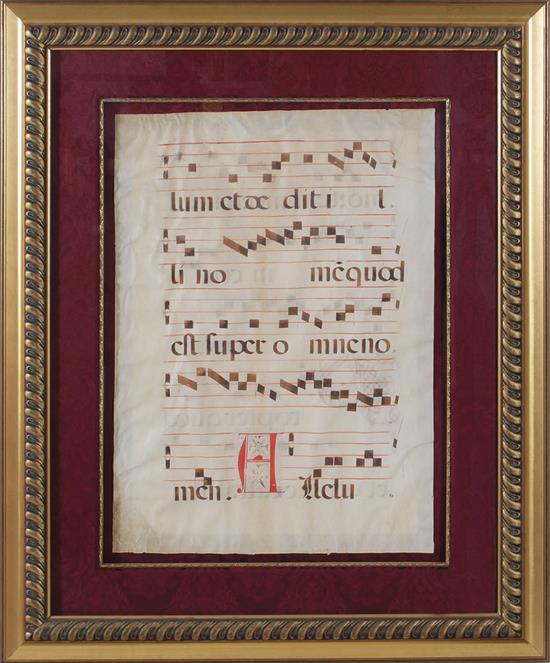 Appraisal: Baroque antiphonal sheet music on vellum sheets framed probably th