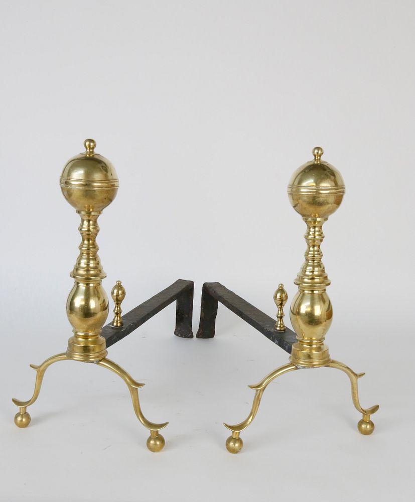 Appraisal: Pair of Brass Boston Ball Top Andirons th Century Pair