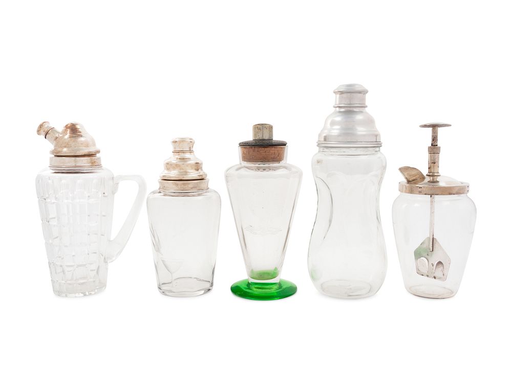 Appraisal: A Group of Five Glass Cocktail Shakers A Group of