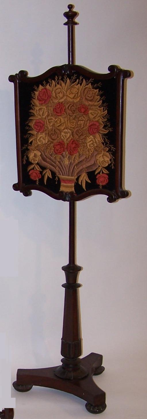 Appraisal: th C mahogany tripod base poll fire screen with floral