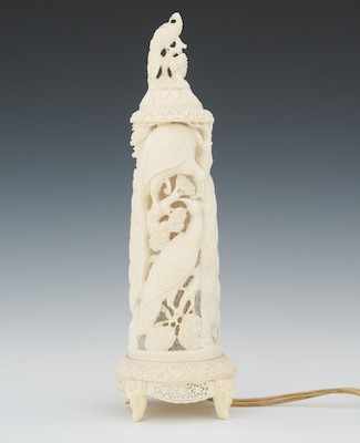 Appraisal: A Carved Ivory Boudoir Lamp Chinese Peacock table lamp with