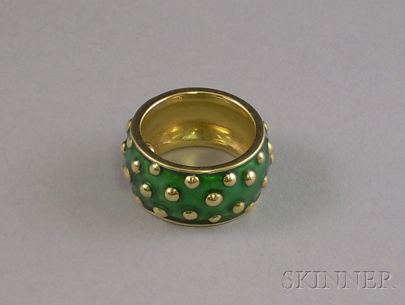 Appraisal: kt Gold and Green Enamel Wide Band with raised gold