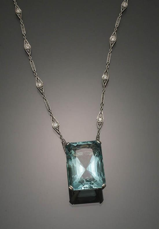 Appraisal: Princess Length Platinum Aquamarine and Diamond Pendant Necklace Set with