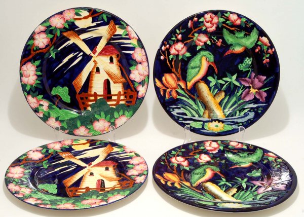 Appraisal: Four Maling Peona service plates Polychrome decoration on cobalt ground