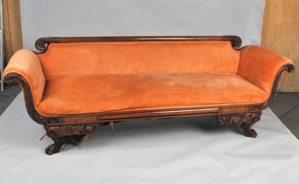 Appraisal: NY Classical Carved Mahogany Paw Foot Sofa high long deep