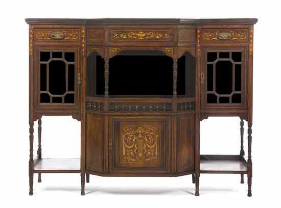 Appraisal: An Edwardian Marquetry Decorated Rosewood Sideboard of breakfront form centered