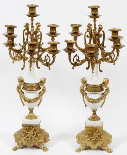 Appraisal: BRASS AND WHITE MARBLE CANDELABRA PAIR BRASS AND WHITE MARBLE