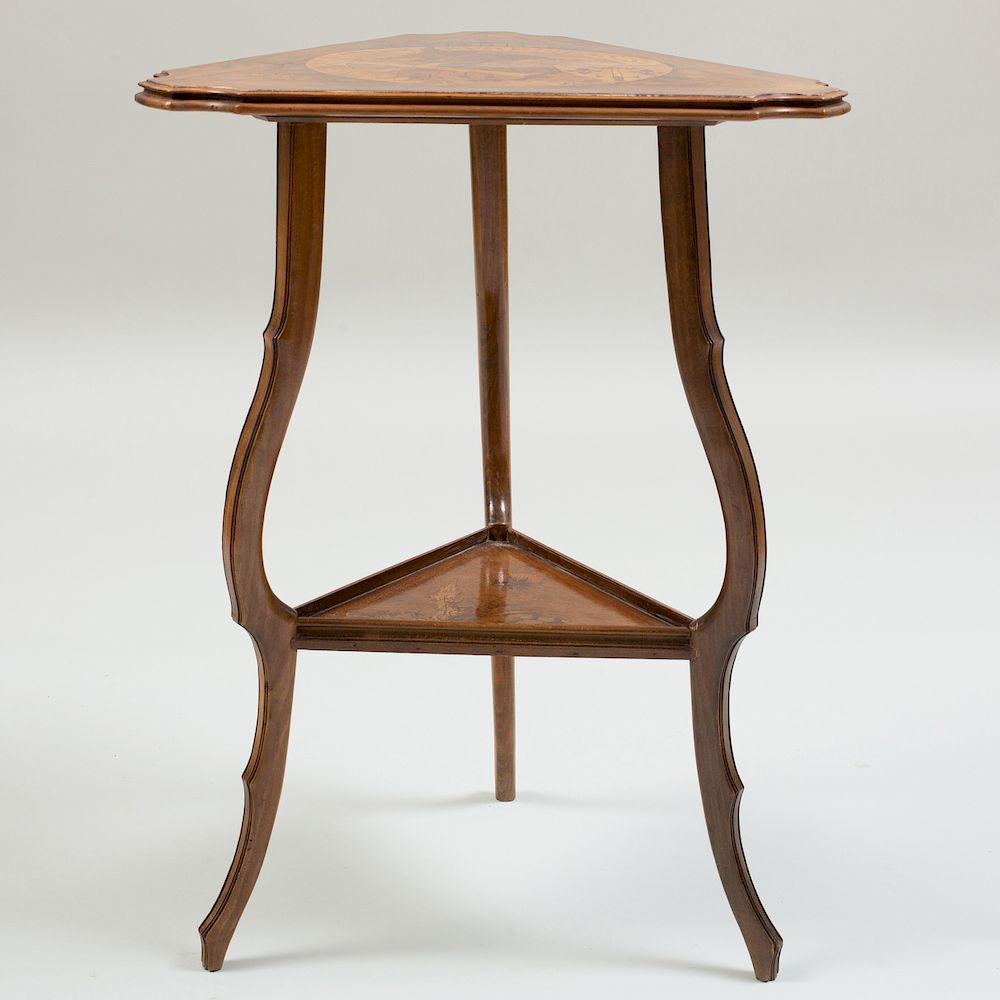 Appraisal: Art Nouveau Walnut and Fruitwood Marquetry Triangular Top Table Depicting