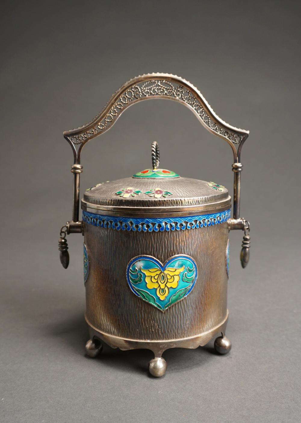 Appraisal: Korean Enamel Decorated Export Silver Ice Bucket H in cm